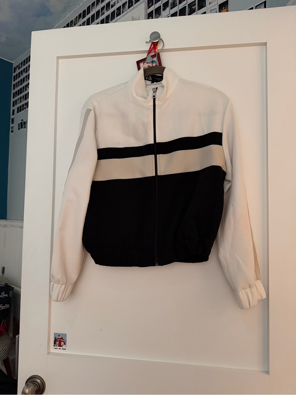 Zara White, Black & Cream Colorblock Bomber Jacket